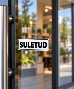 Suletud — väike kleebis suure selgelt loetava kirjaga uksel