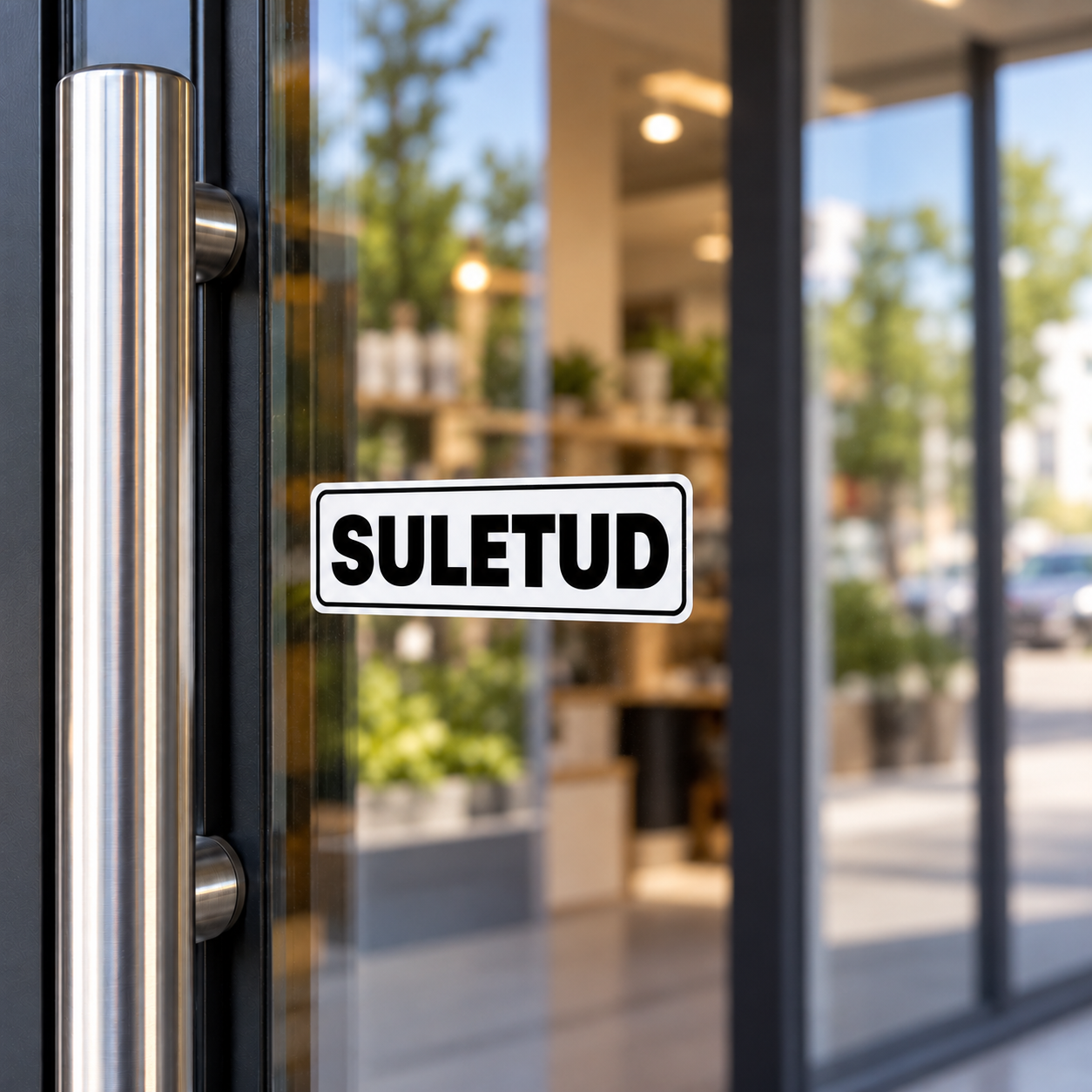 Suletud — väike kleebis suure selgelt loetava kirjaga uksel