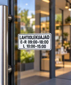 Lahtiolekuajad — väike kleebis suure selgelt loetava kirjaga uksel