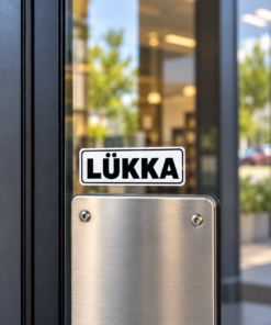 Väike LÜKKA uksekleebis suure musta kirjaga klaasuksel