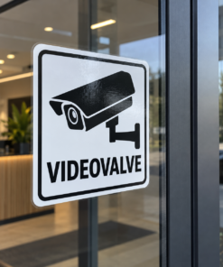 Valge VIDEOVALVE kleebis klaasist ärisissepääsul, loomulike peegeldustega
