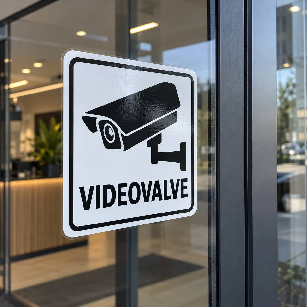 Valge VIDEOVALVE kleebis klaasist ärisissepääsul, loomulike peegeldustega